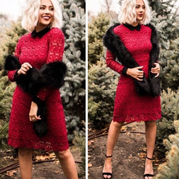 JessaKae Peter Pan Floral Crochet Dress Red Black Retro Modest Whimsigoth - Picture 1 of 10